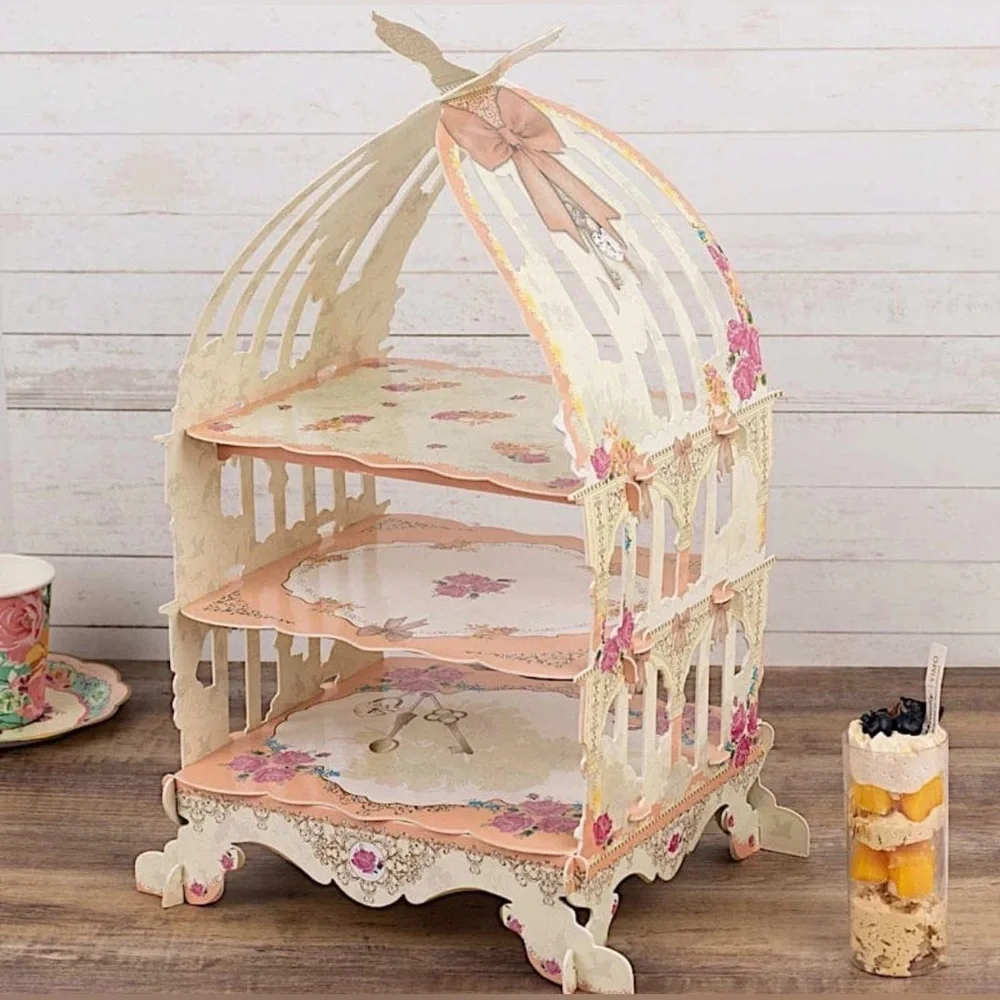 Pink Floral Three-Tier Decorative Dessert Stand - Elegant Party Display